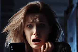 Fiatal nő rémülten néz egy mobiltelefonba sötét helyiségben.