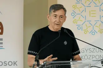 Mészáros Lőrinc fekete póló előtte mikrofon beszél