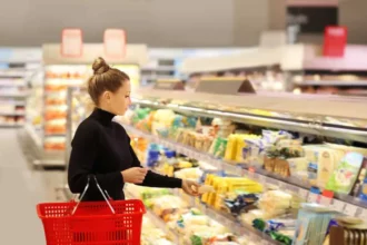 Nő fekete pulóverben élelmiszert választ a hűtőpultból egy szupermarketben, kezében piros bevásárlókosárral.