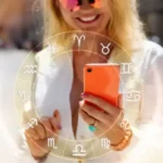 horoszkóp ábra, és egy nő fehér ruhában, telefonnal, nagyon mosolyog