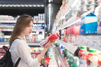 nő vásárol egy boltban tejtermékeket néz