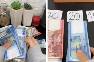 pénz kéz láda asztal háttérben dízatárgyak