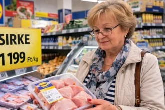 Idős néni kabátban, sálban, szőke hajjal, szemüvegben csirkehúst vásárol.