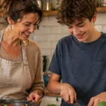 Egy anyuka a homokszínű felsőjében és világosabb színű kötényében főz, miközben instruálja a paradicsomot szeletelő tinédzser fiát, aki kék pólóban van. Mindkettejük haja barna.