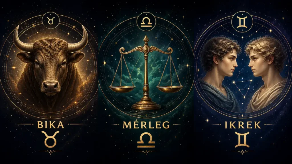 A bika, a mérleg és az ikrek csillagjegyek grafikái láthatók az ábrán.