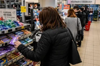 Egy nő fekete kabátban, félhosszú barna hajjal, fekete táskával egy kassza mellett állva Milka-csokit emel le a pultról.