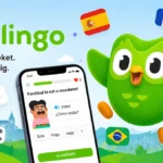 Duolingo-grafika a cégre jellemző bagollyal és a jellemző nyelveket mutató zászlókkal.