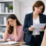 Fásult nők láthatók, akik adminisztratív munkakörben dolgoznak, elegáns ruhában vannak, és frusztráltak.