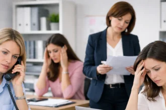 Fásult nők láthatók, akik adminisztratív munkakörben dolgoznak, elegáns ruhában vannak, és frusztráltak.