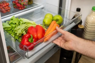 Egy férfi kéz éppen kihúzza a hűtő alsó fiókját, amelyben zöldségek és gyümölcsök vannak.