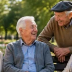 Négy idős: két férfi és egy nő beszélget egy parkban. Jól öltözöttek. Az egyik idős férfi áll, és előrehajol a padra. Ő svájci sapkában van. A nők és a másik férfi ül.