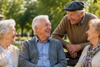 Négy idős: két férfi és egy nő beszélget egy parkban. Jól öltözöttek. Az egyik idős férfi áll, és előrehajol a padra. Ő svájci sapkában van. A nők és a másik férfi ül.