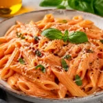 Krémes, vodkás tészta látható a tányérban, bazsalikommal a tetején. A tészta penne, a színe piros a paradicsom miatt.