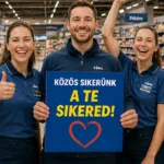 Lidl-golgozók örülnek egy tábláz zartva. Két férfi és két nő látható az AI-generált képen egy áruházban.