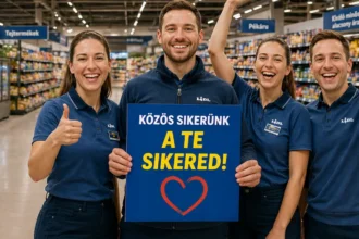 Lidl-golgozók örülnek egy tábláz zartva. Két férfi és két nő látható az AI-generált képen egy áruházban.