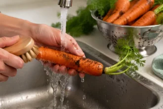 Egy ember kefével mossa a földdel szennyezett sárgarépát.